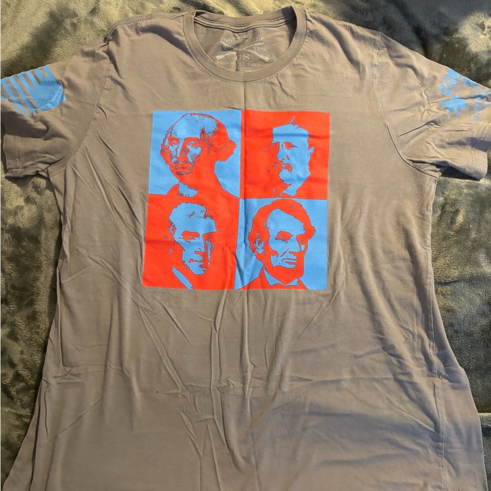 Grunt Style Gray T-Shirt with Red and Blue Graphic